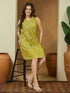 Janasya Women's Olive Green Pure Cotton Abstract Printed A-line Dress